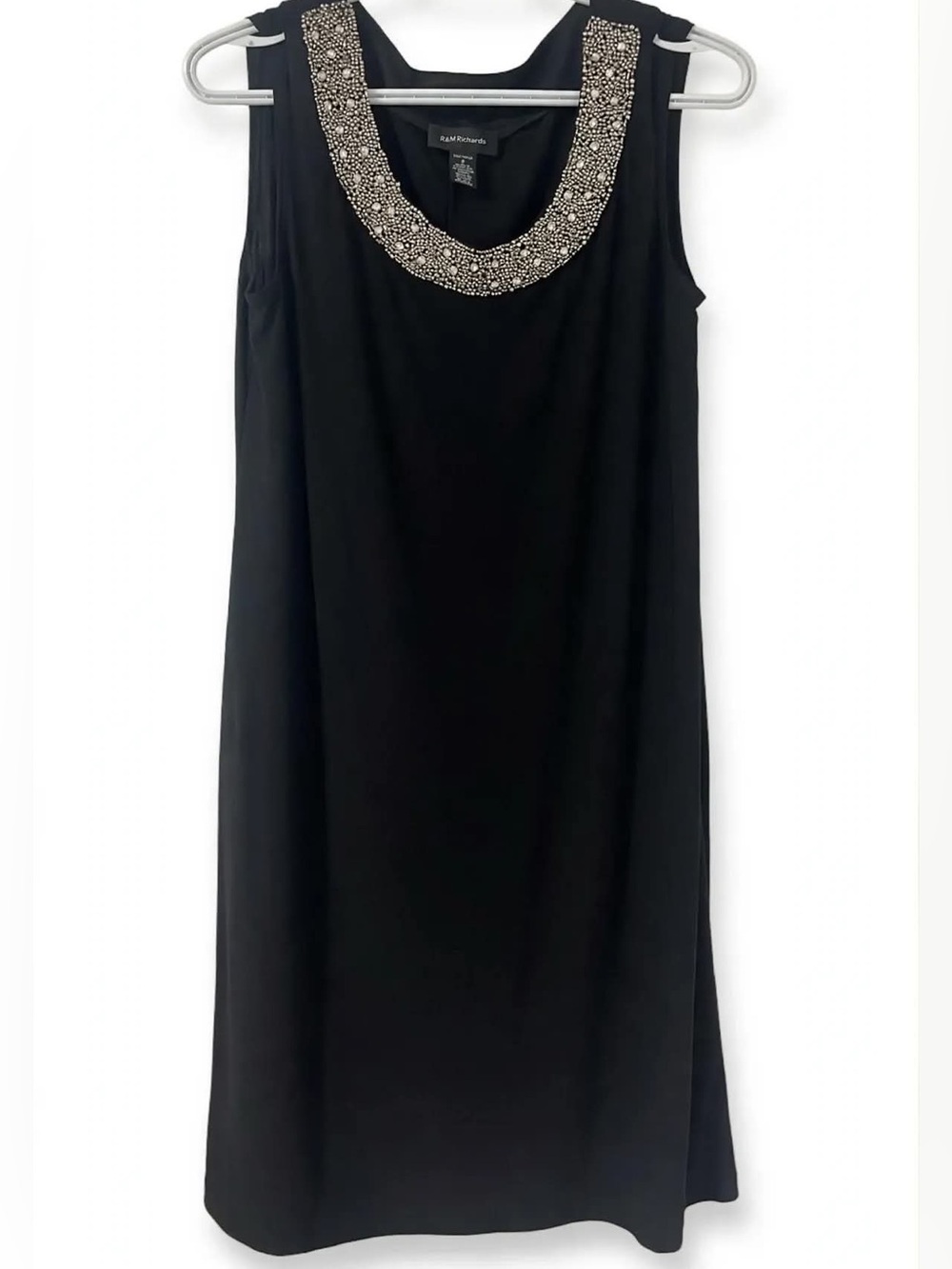 R&M Richards Sz 8 Black Beaded Dress Evening Tunic Sleeveless Silver Crystal Nec